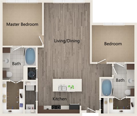 A diagram of a house layout with a master bedroom, living/dining area, kitchen, and two bathrooms.